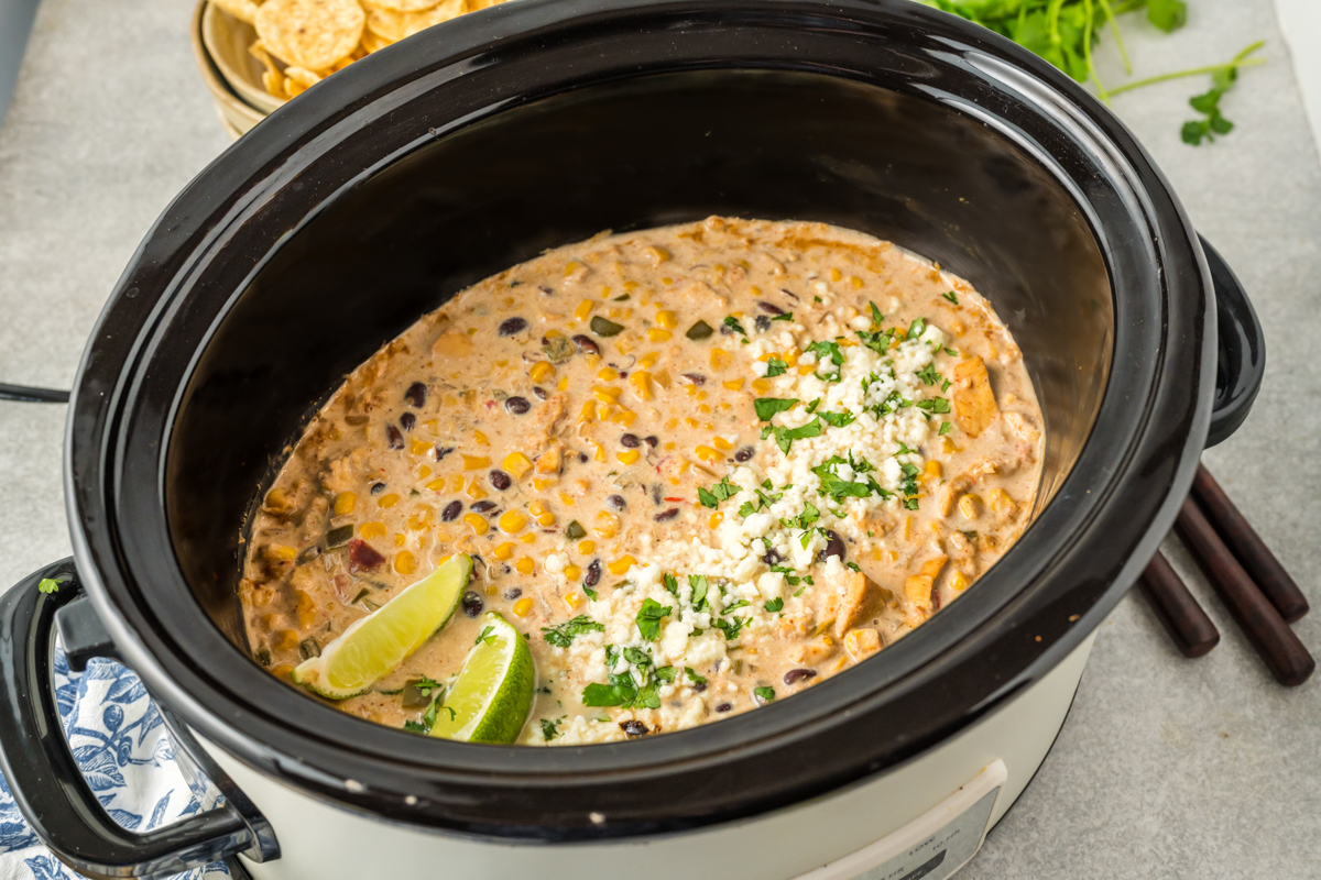 overhead shot of slow cooker street corn chicken.