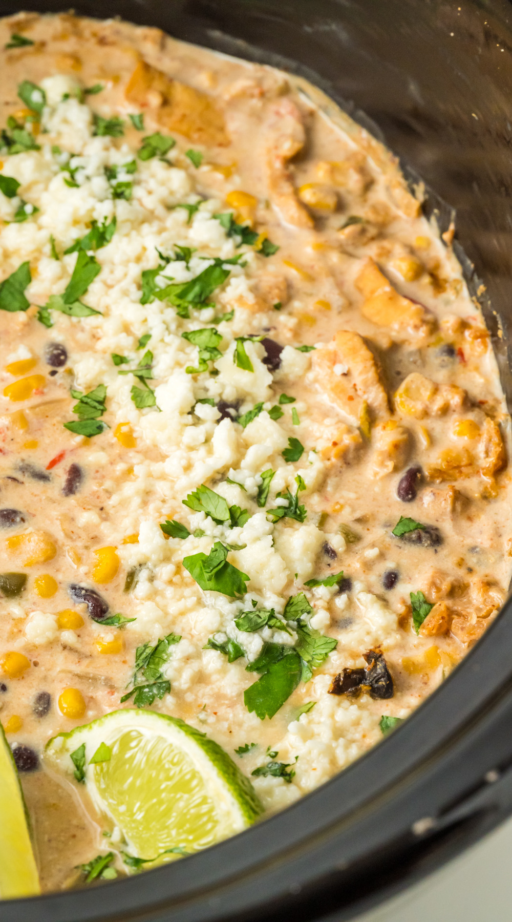 long image of slow cooker street corn chicken.