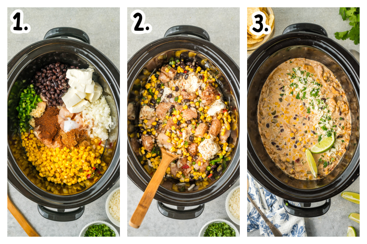 three images showing how to make slow cooker street corn chicken.