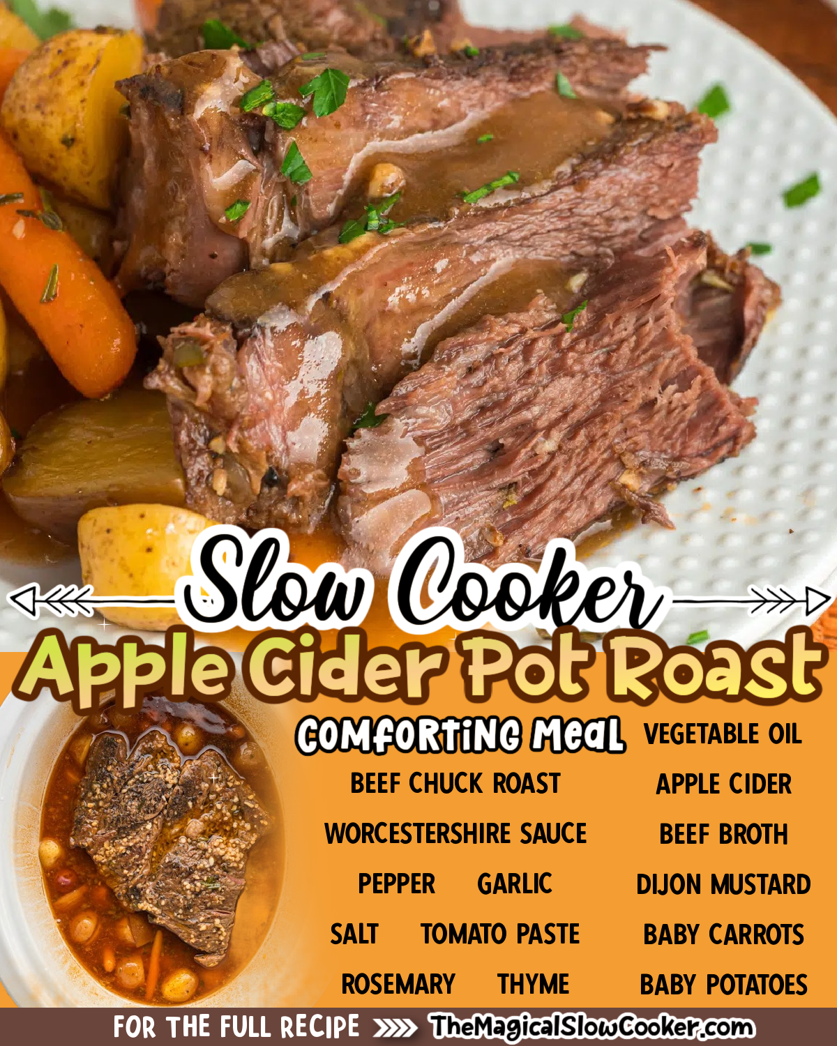 Collage of apple cider pot roast with text of what the ingredients are.
