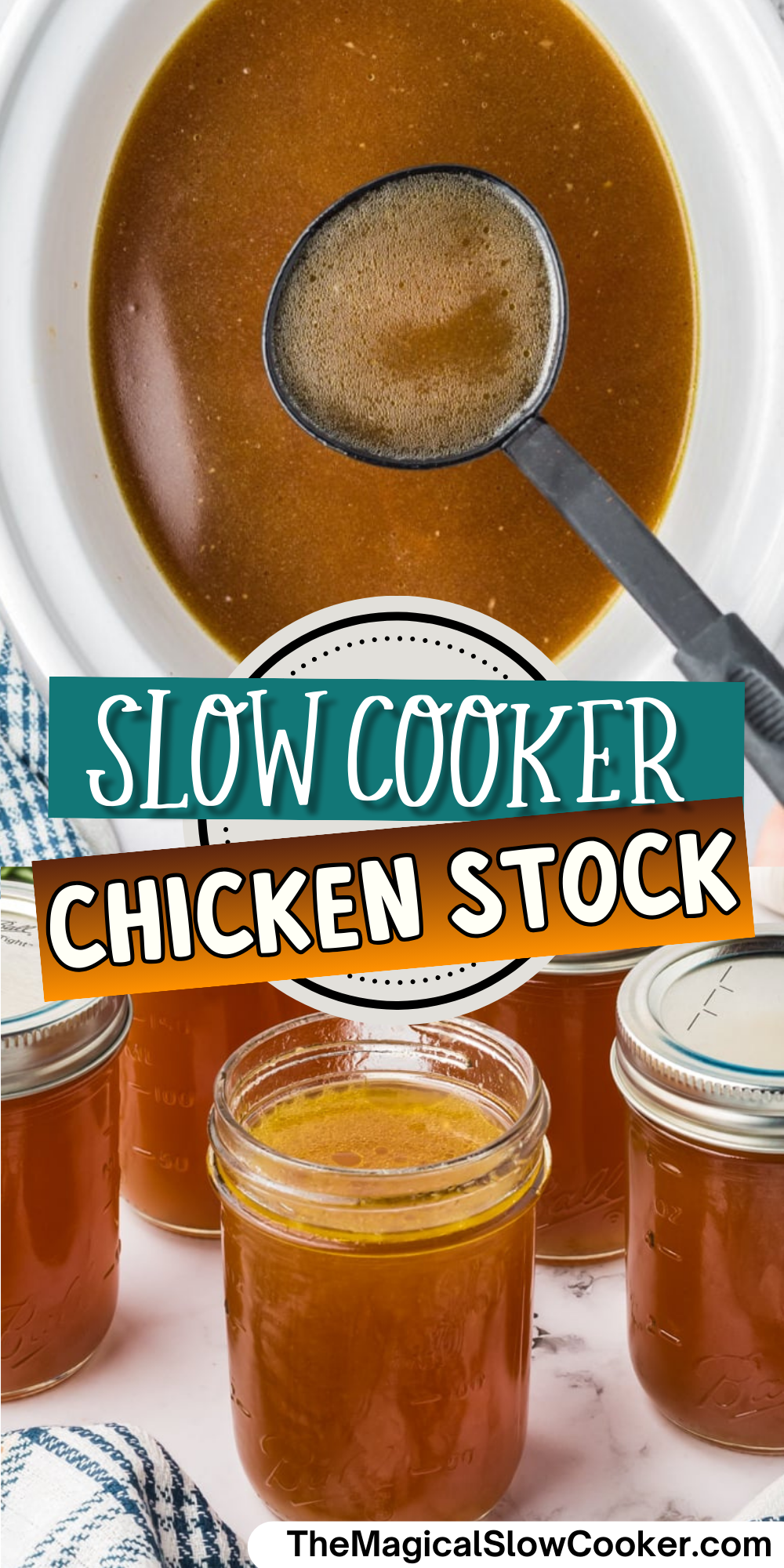 2 images of chicken stock with text for pinterest.