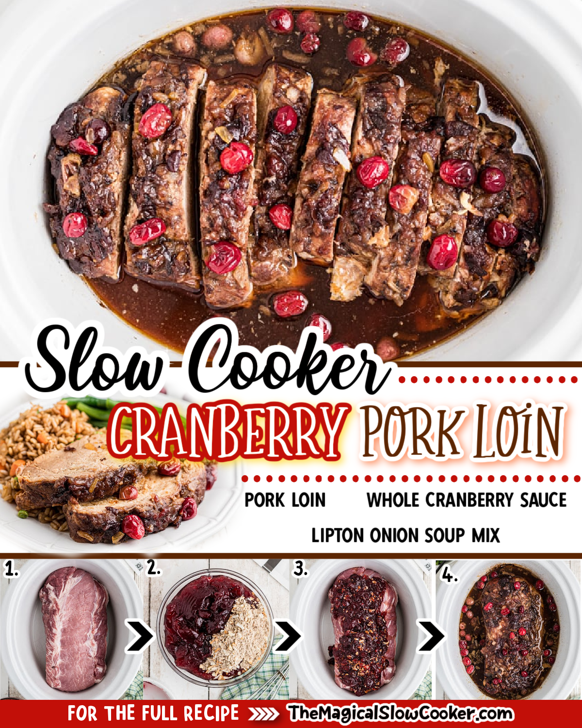 images of cranberry pork lojn with text of what the ingredients are.