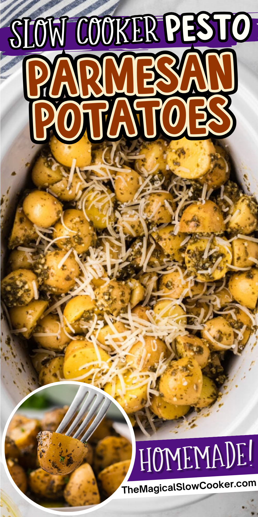 long image of pesto parmesan potatoes with text for facebook.