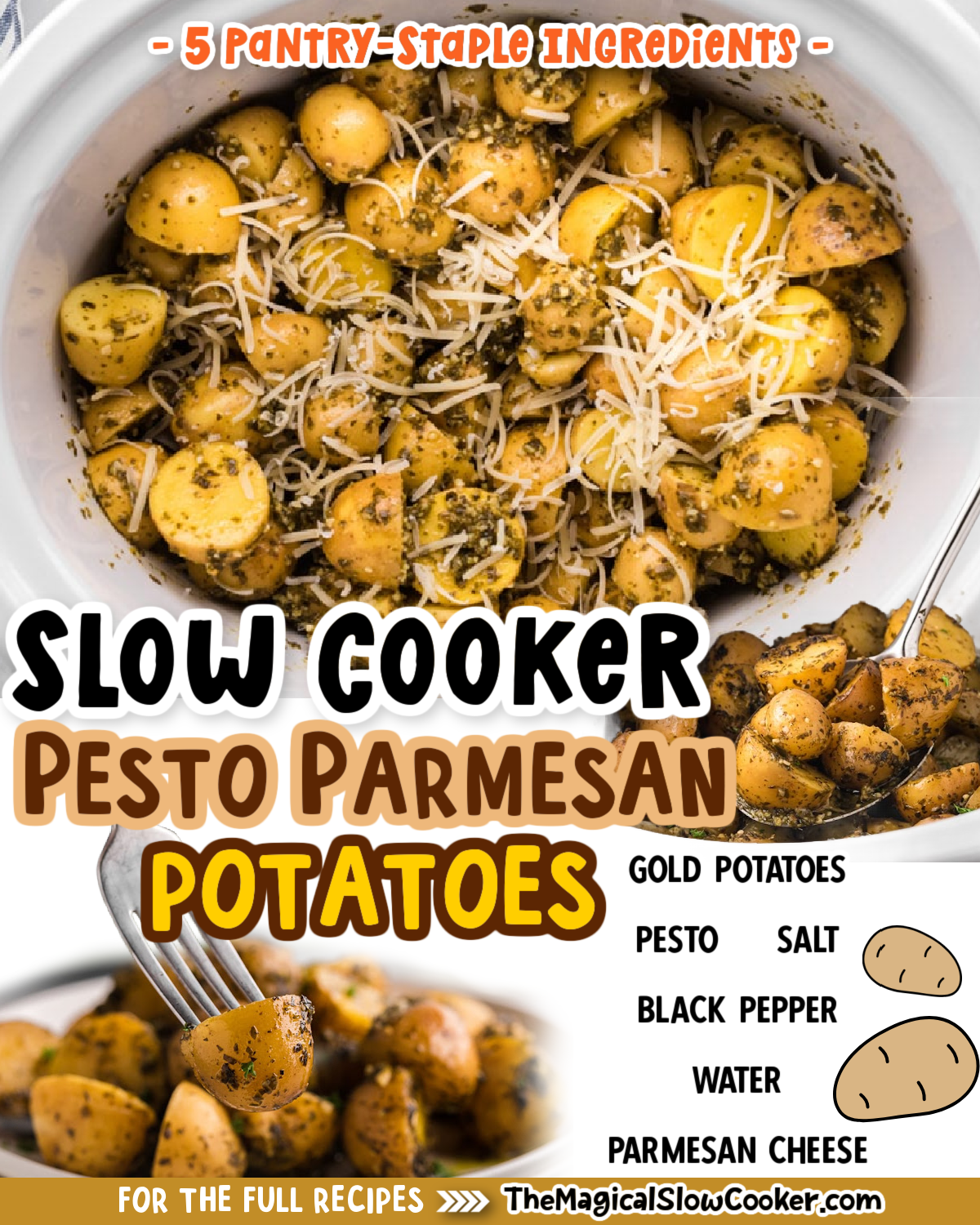 images of pesto parmesan potatoes with text of what the ingredinets are.