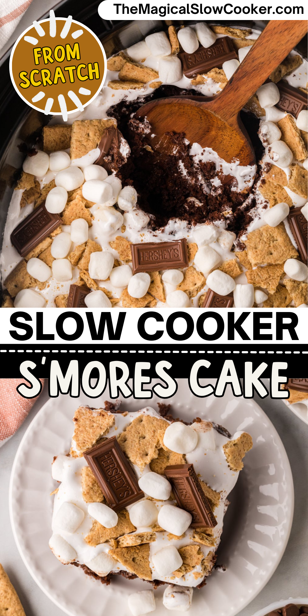 Images of smores cake with text overlay for pinterest.