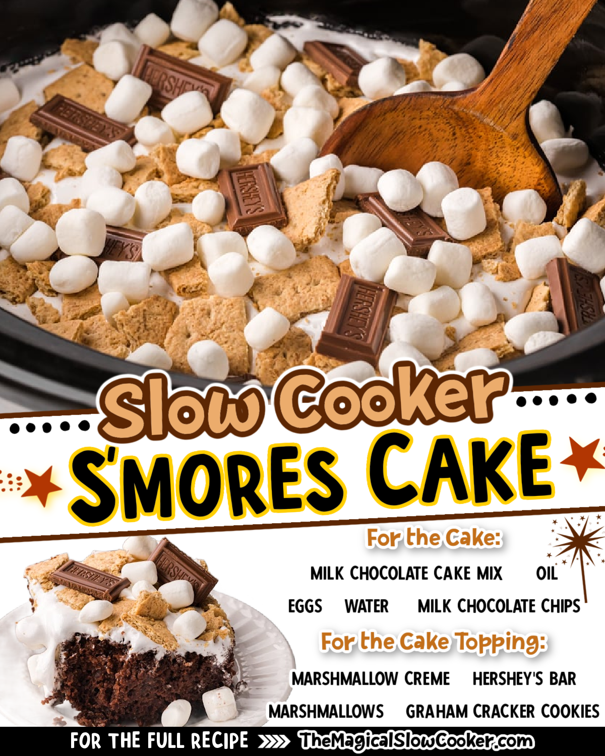 images of smores cake with text of what the ingredients are for facebook.