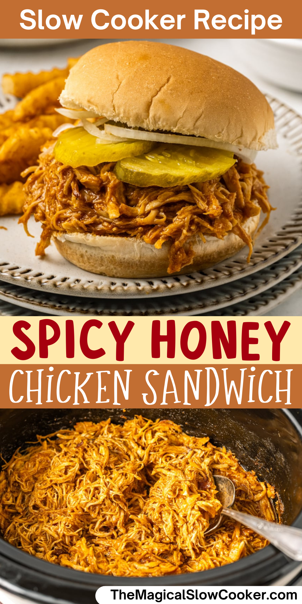 images of spicy honey chicken sandwiches with text overlay for pinterest.