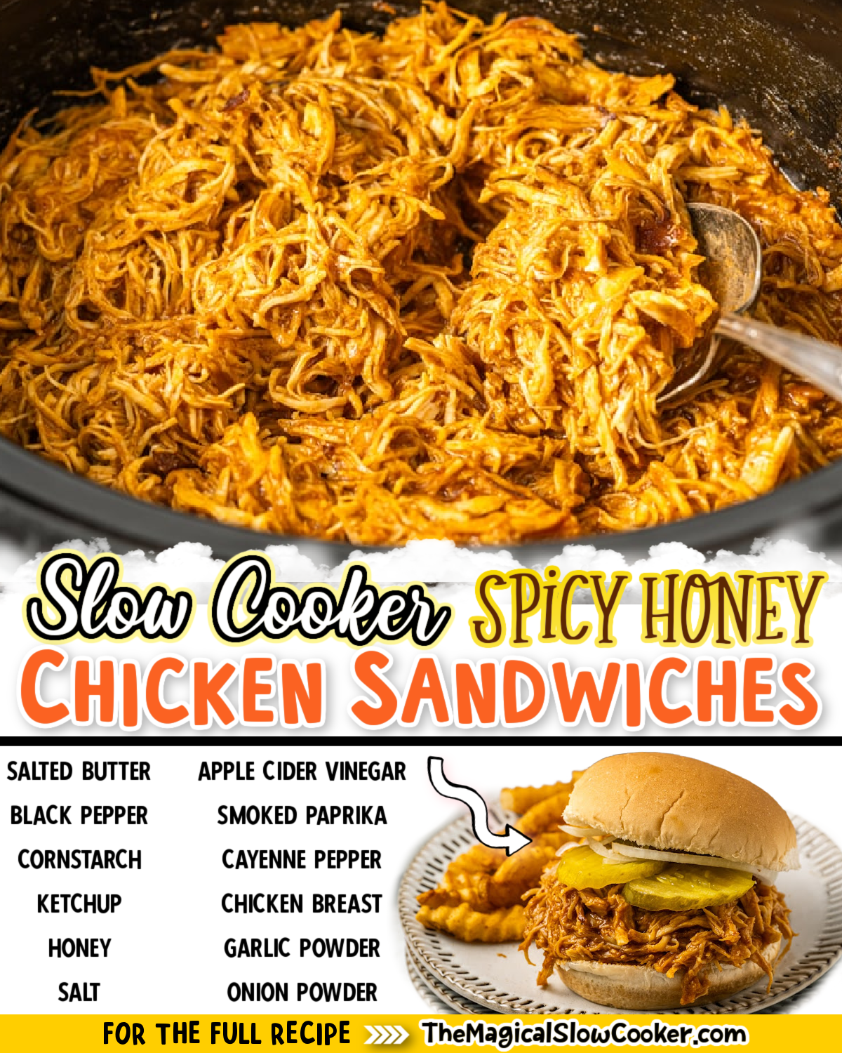 spicy honey chicken sandwiches images with text of what the ingredients.