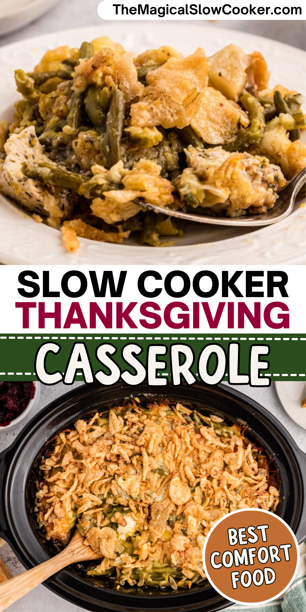 2 images of thanksgiving casserole with text overlay.