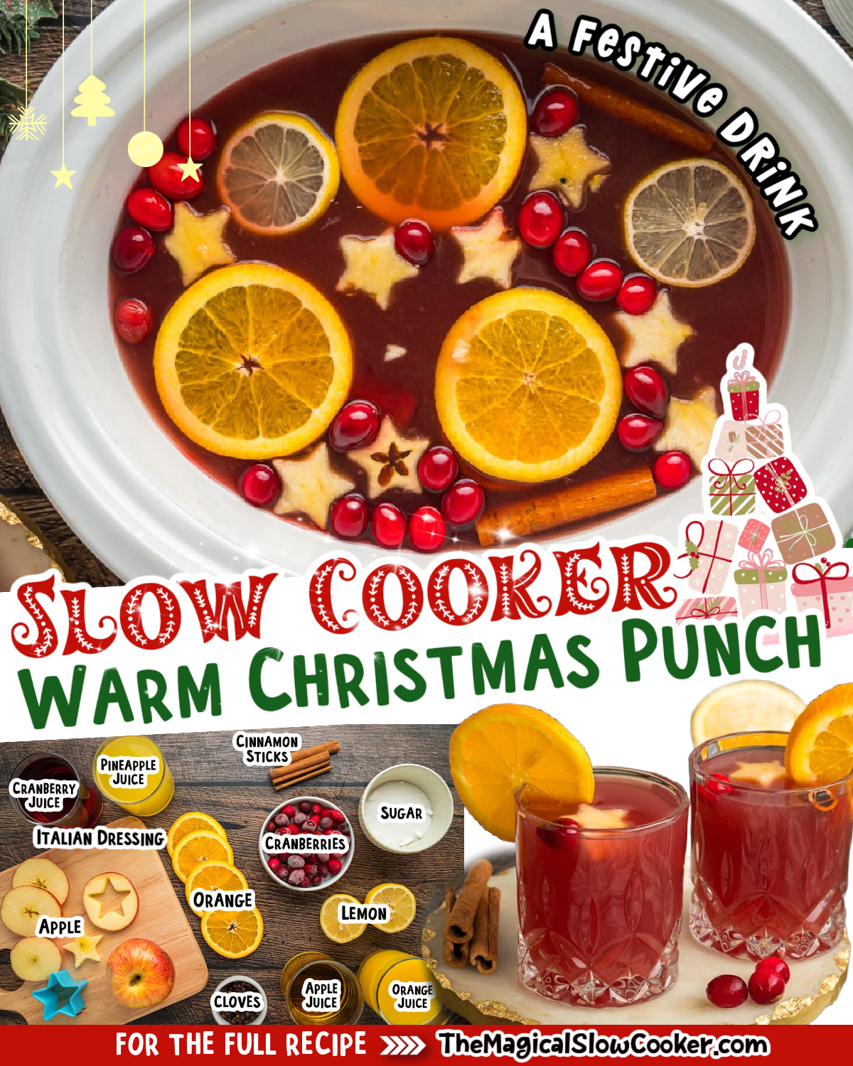 Images of warm christmas punch with text of what the ingredients are for facebook.