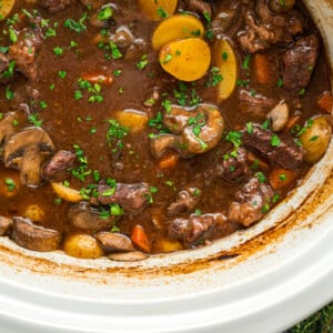 close-up overhead of slow cooker beef bourguignon.