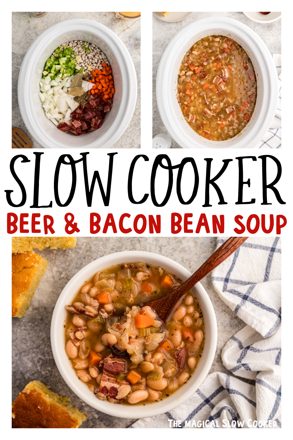 three images of slow cooker beer and bacon bean soup for pinterest.