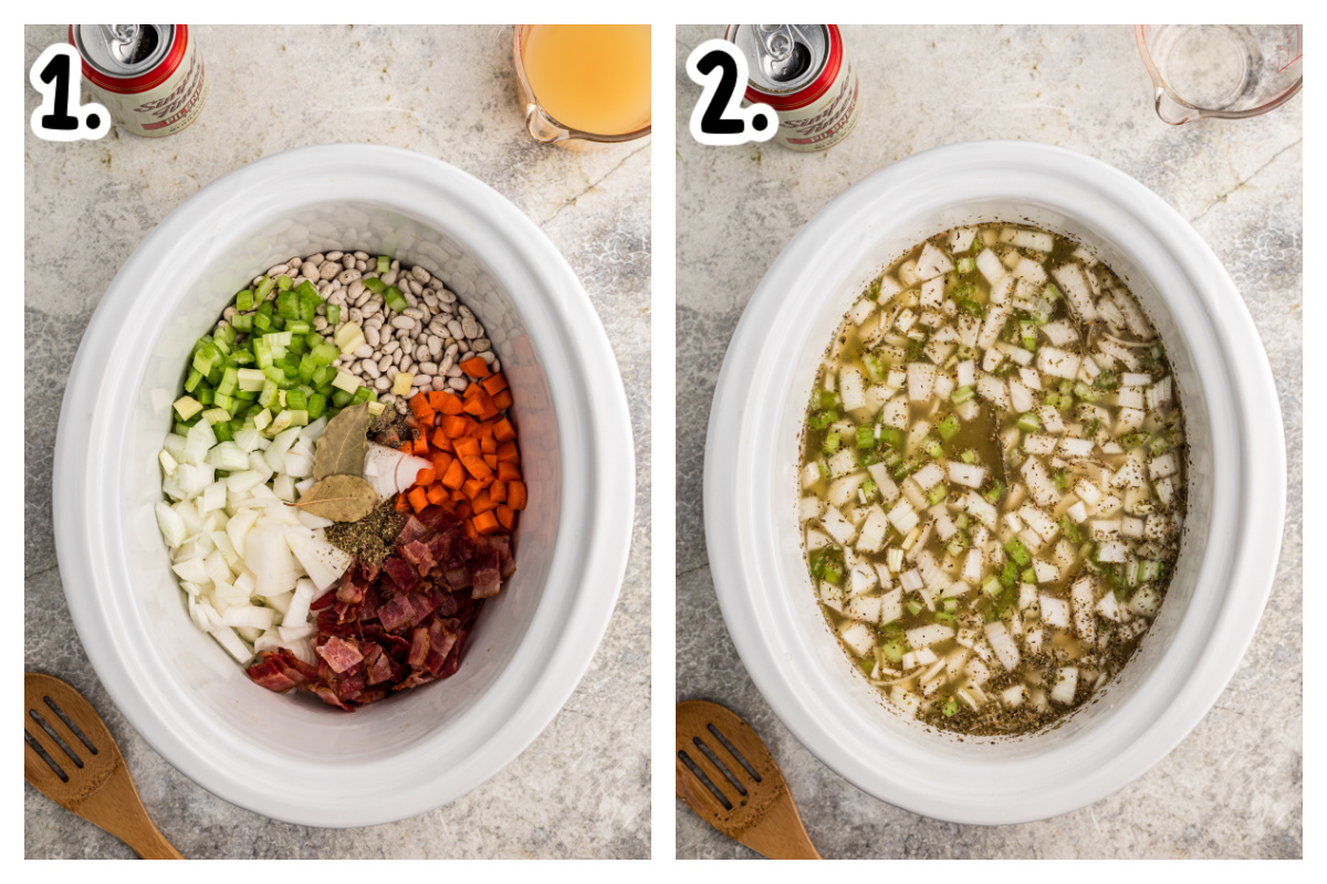 two images showing how to make slow cooker beer and bacon bean soup.