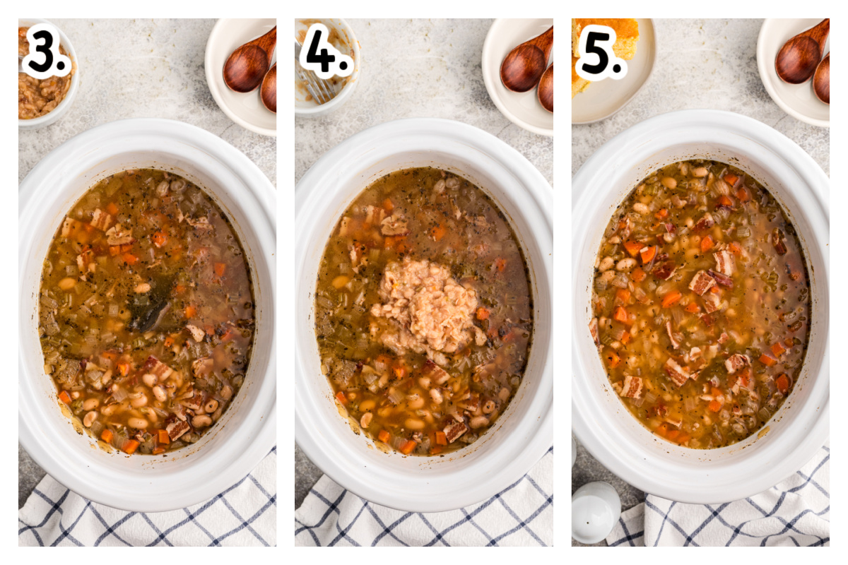 three images showing how to make slow cooker beer and bacon bean soup.