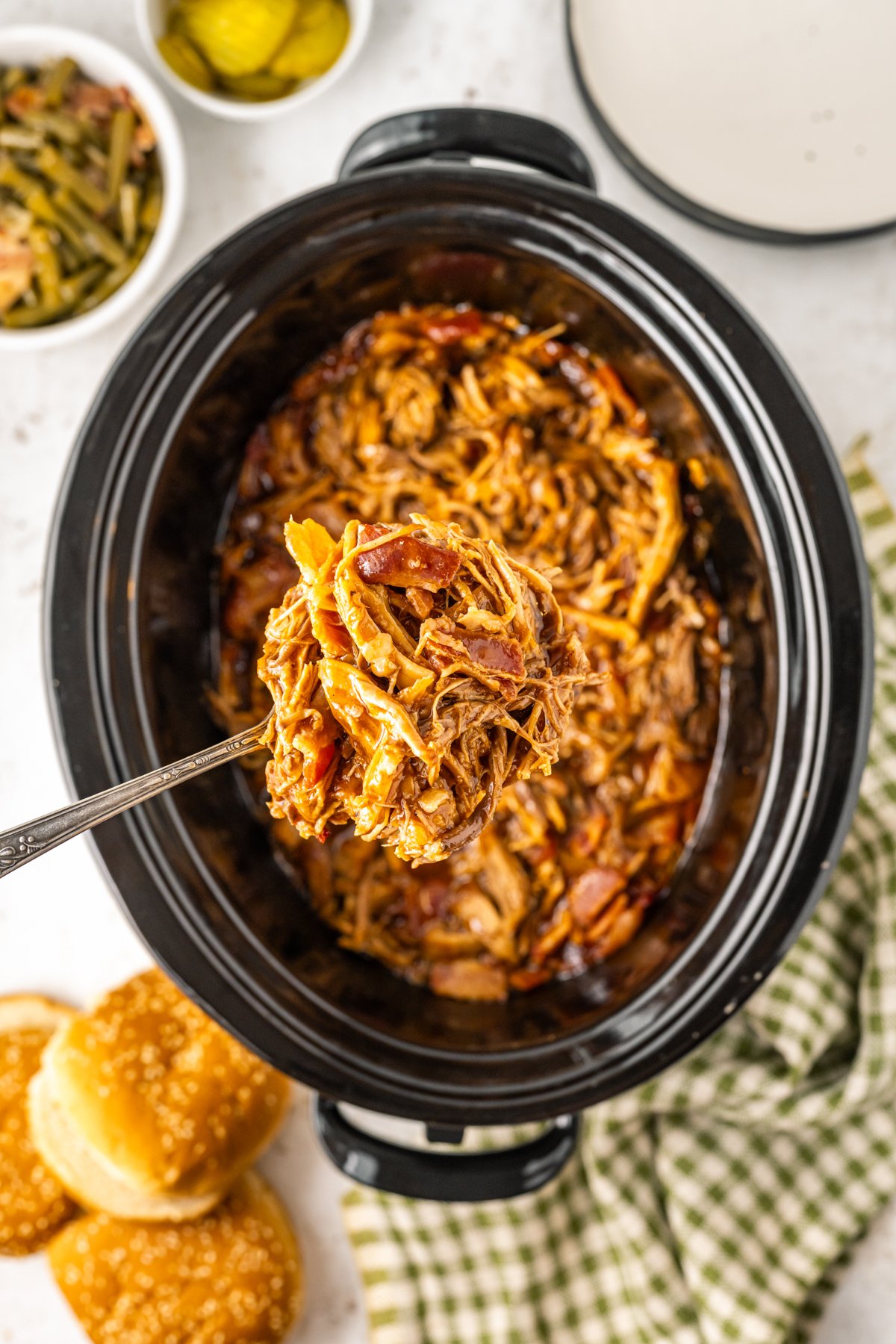 overhead shot of slow cooker bourbon bacon pulled pork.