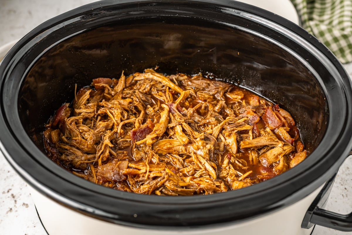 bourbon bacon pulled pork in a slow cooker.