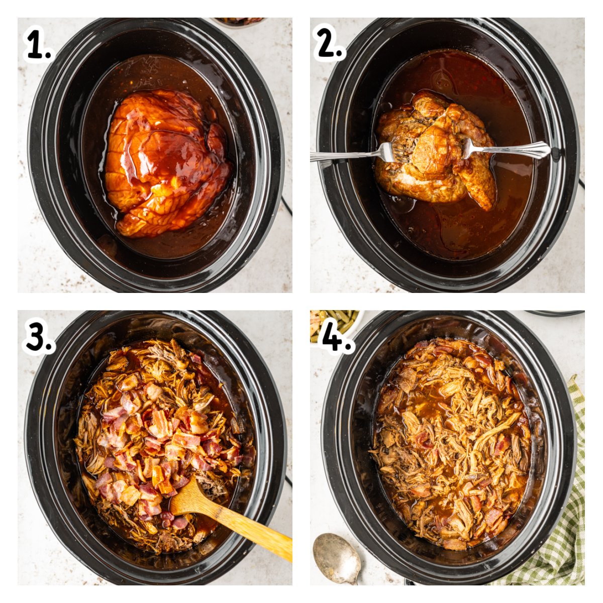 four images showing how to make slow cooker bourbon bacon pulled pork.