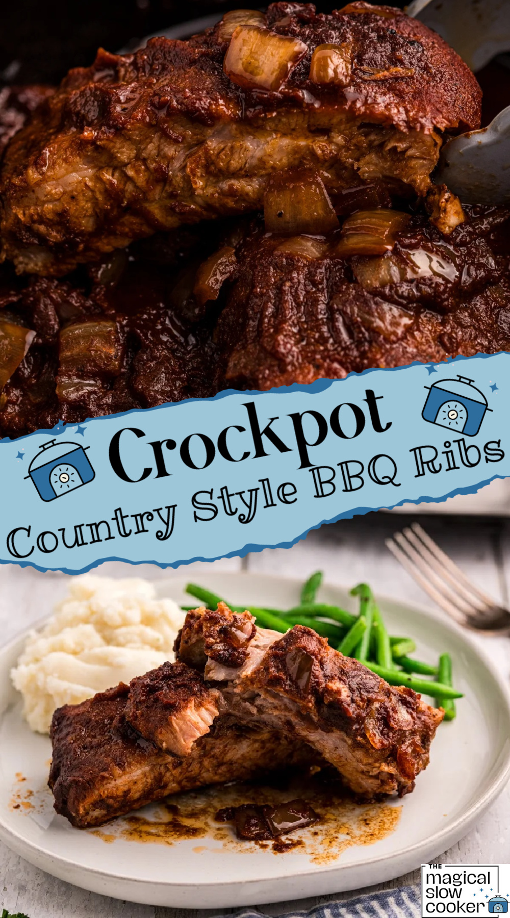 2 images of crockpot country style ribs.