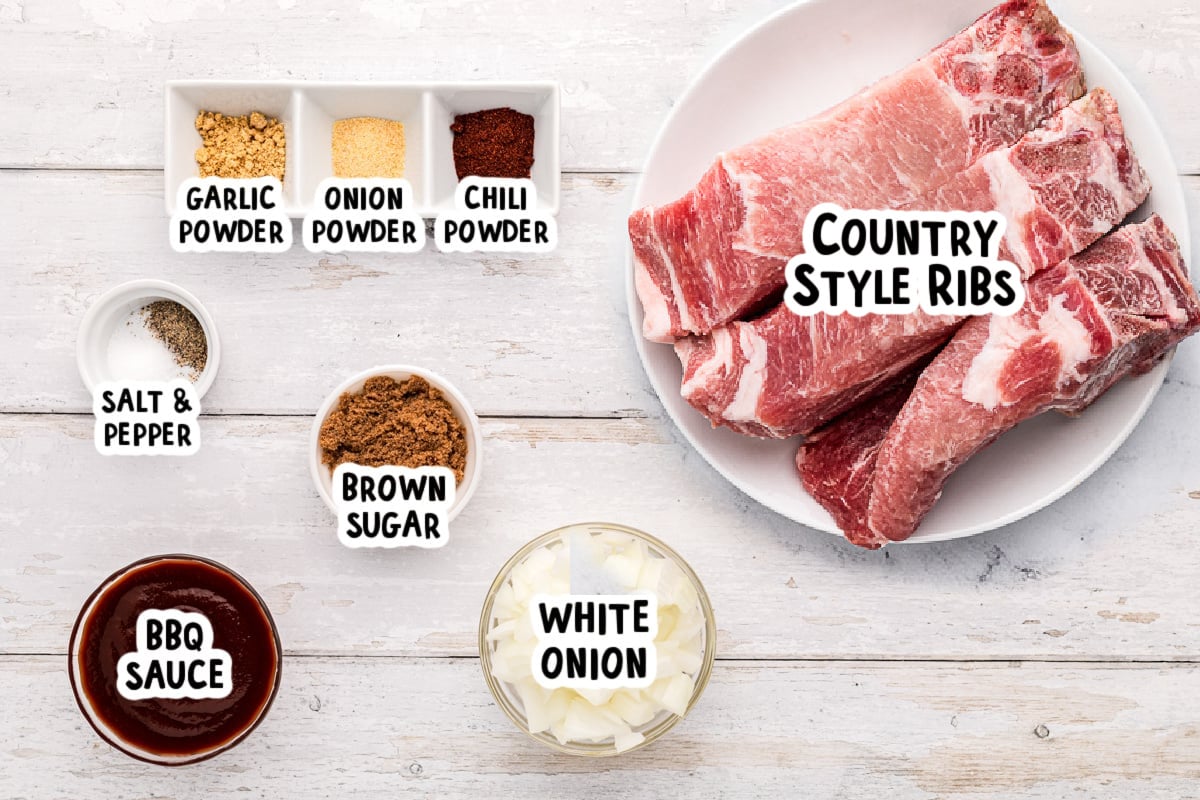 ingredient for country style ribs on a table with text of what the ingredients are.