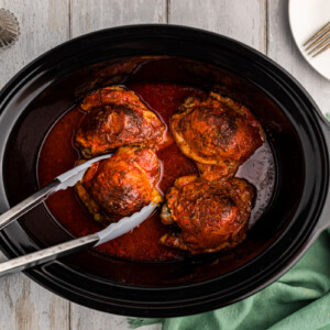 overhead shot of hot chicken in a slow cooker.