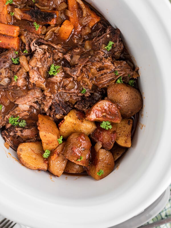 overhead shot of italian beef dinner in a slow cooker.