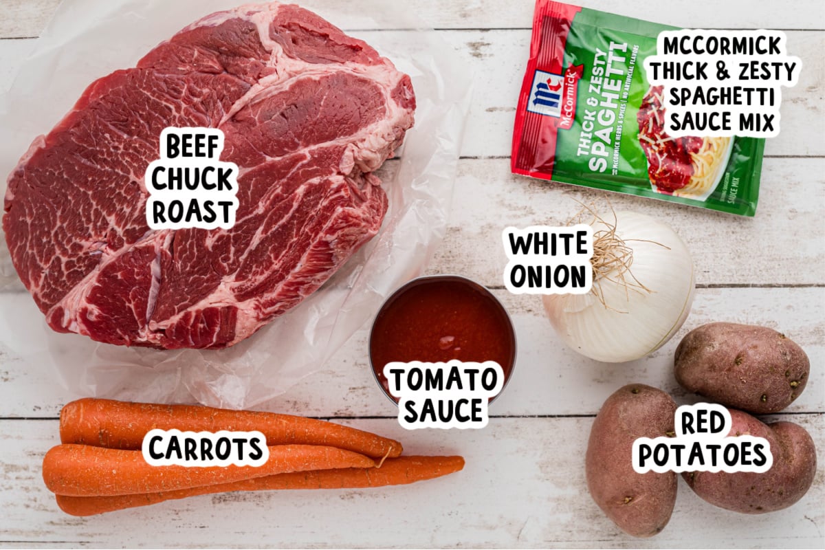 ingredients for slow cooker italian beef dinner on a table.