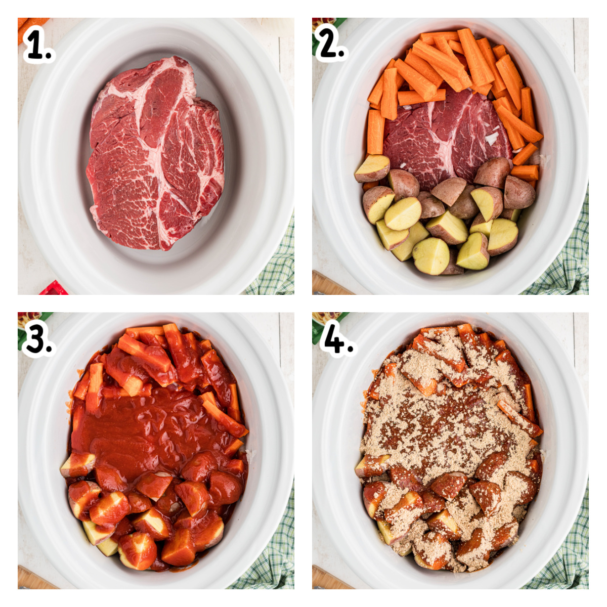 four images showing how to make slow cooker italian beef dinner.