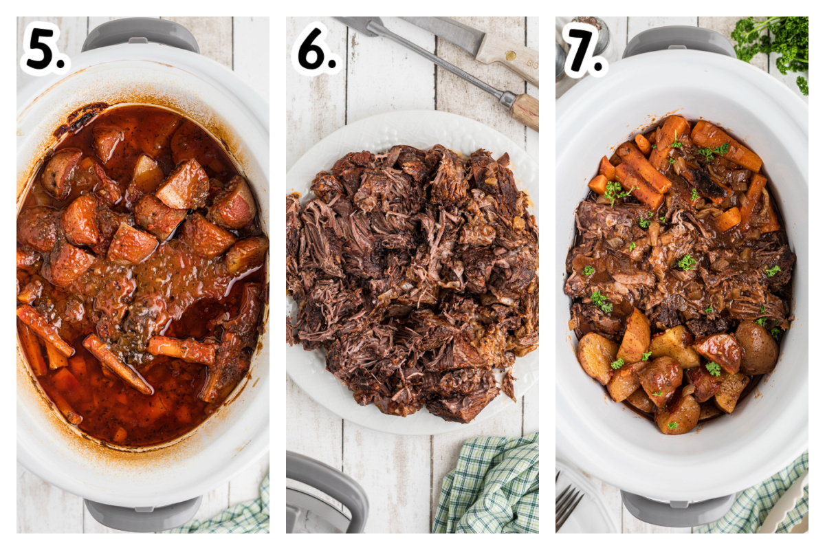 three images showing how to make slow cooker italian beef dinner.