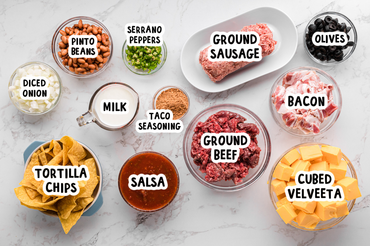 ingredients for slow cooker loaded nacho dip on a table.