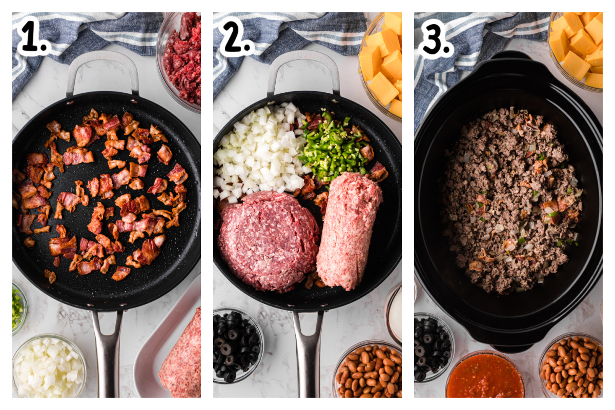 three images showing how to make slow cooker loaded nacho dip.