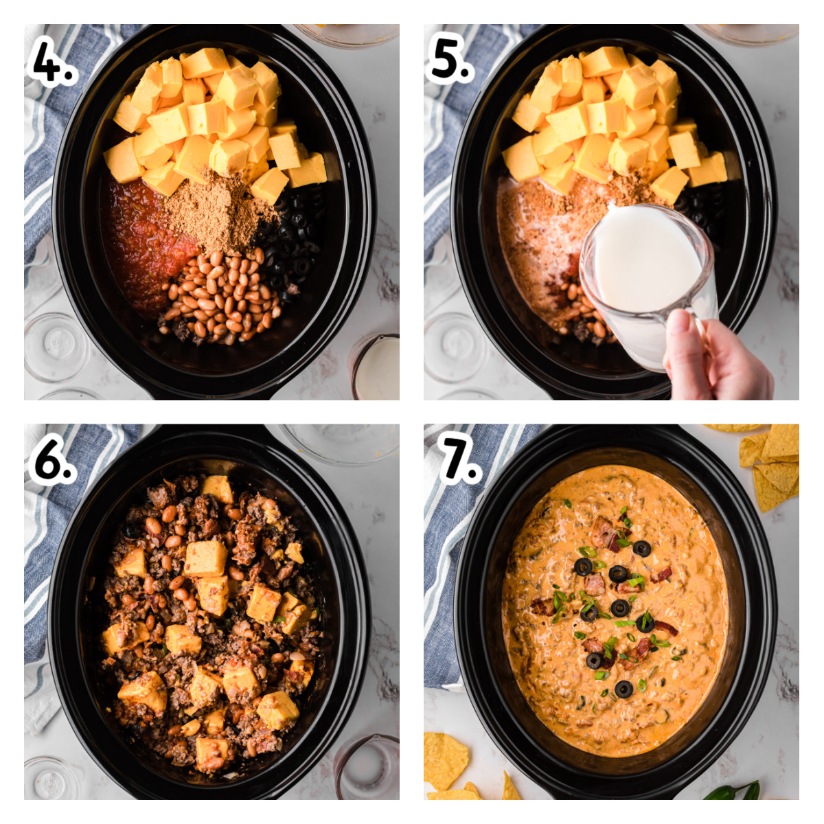 four images showing how to make  slow cooker loaded nacho dip.