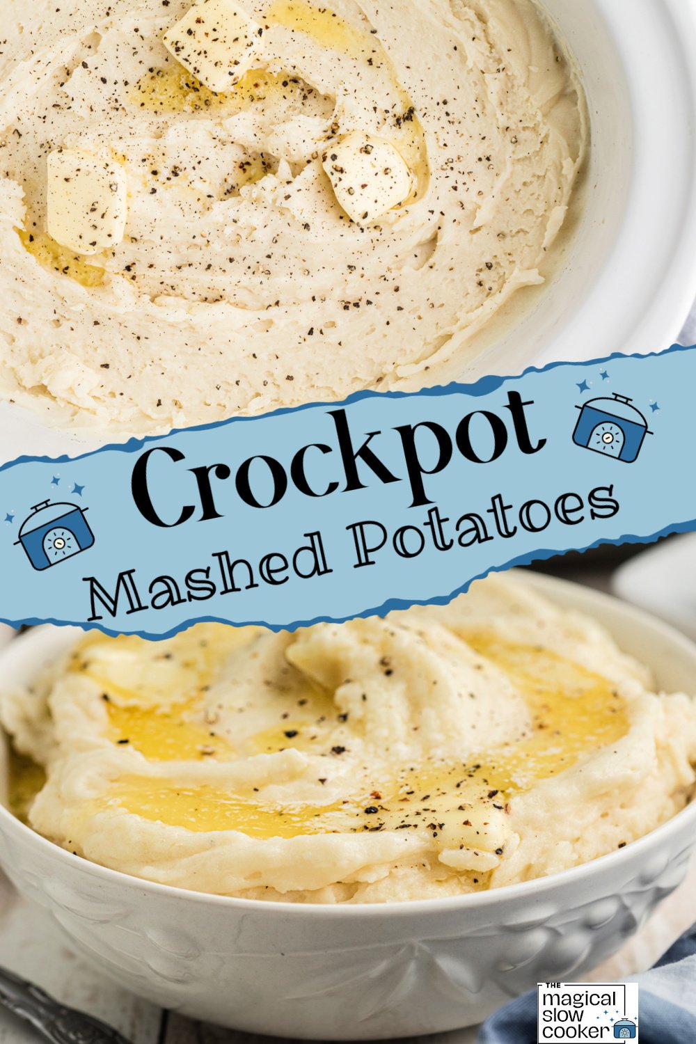 2 images of mashed potatoes in a slow cooker.