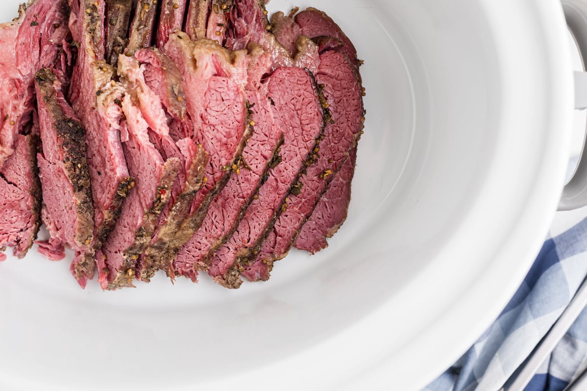 overhead shot of crockpot pastrami.
