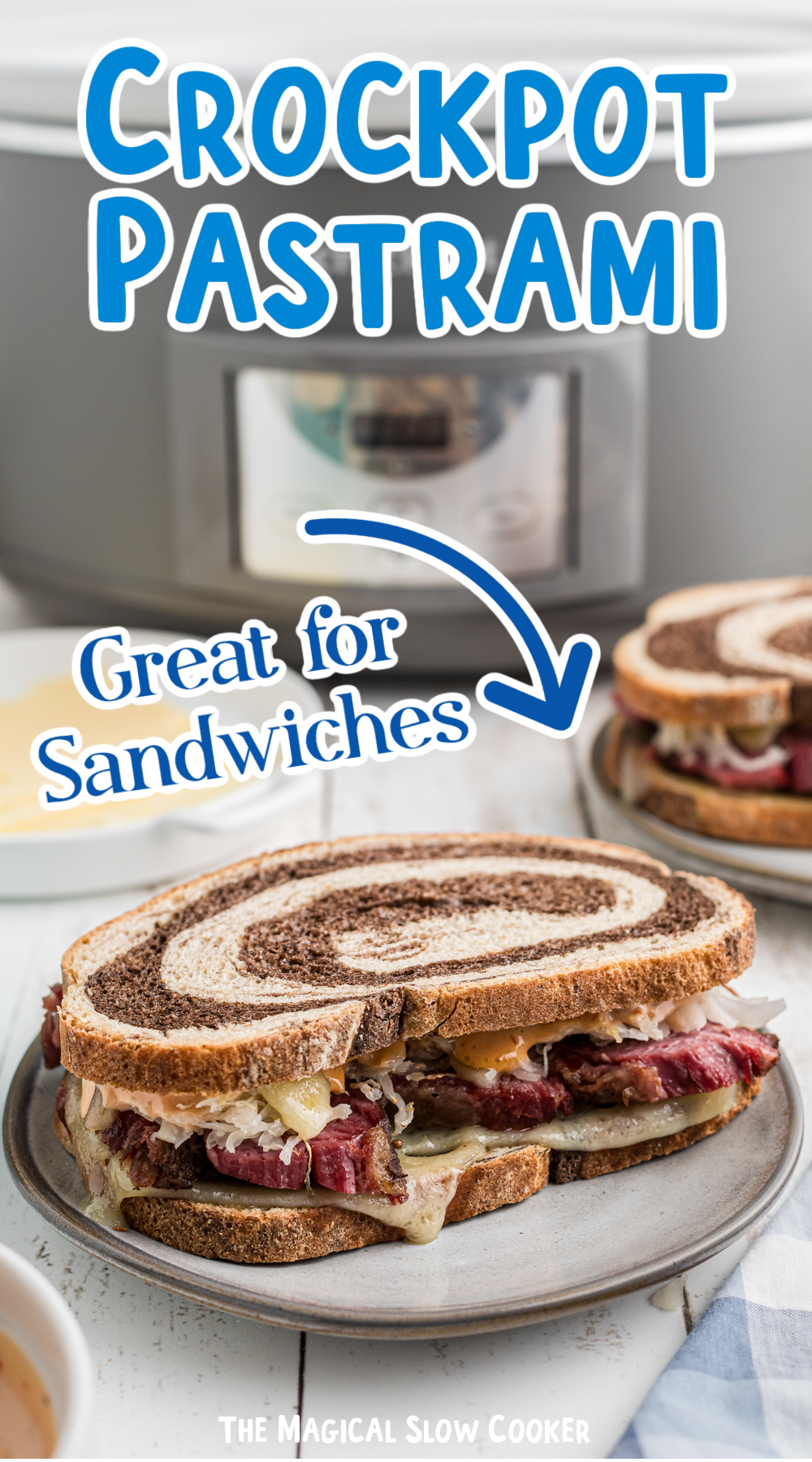 pastrami sandwich in front of a slow cooker.