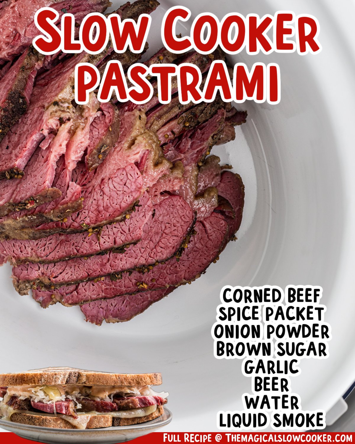 two images of slow cooker pastrami with text list of ingredients.