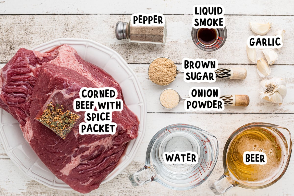 ingredients for slow cooker pastrami on a table.