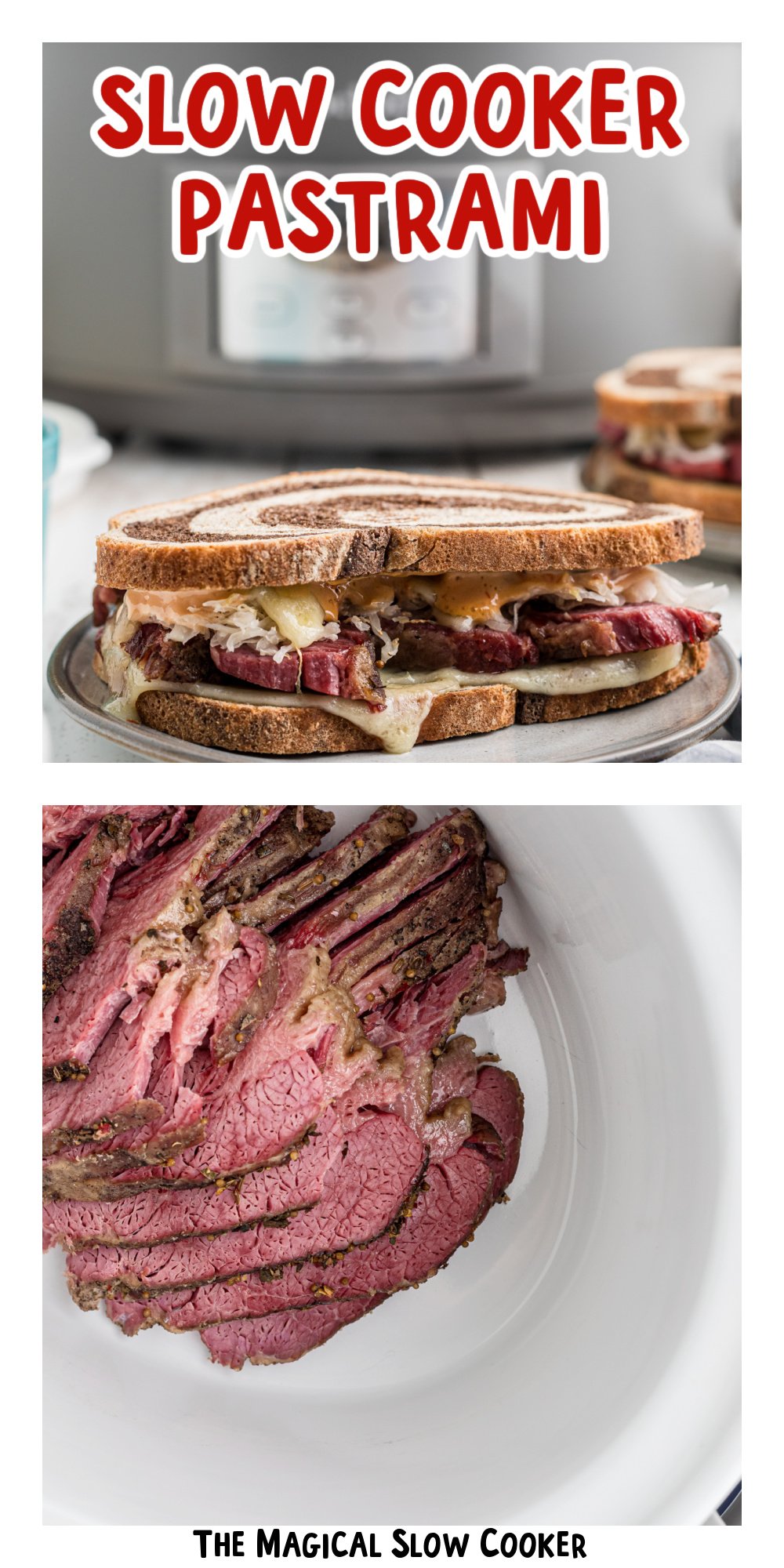 two images of slow cooker pastrami with text title overlay.