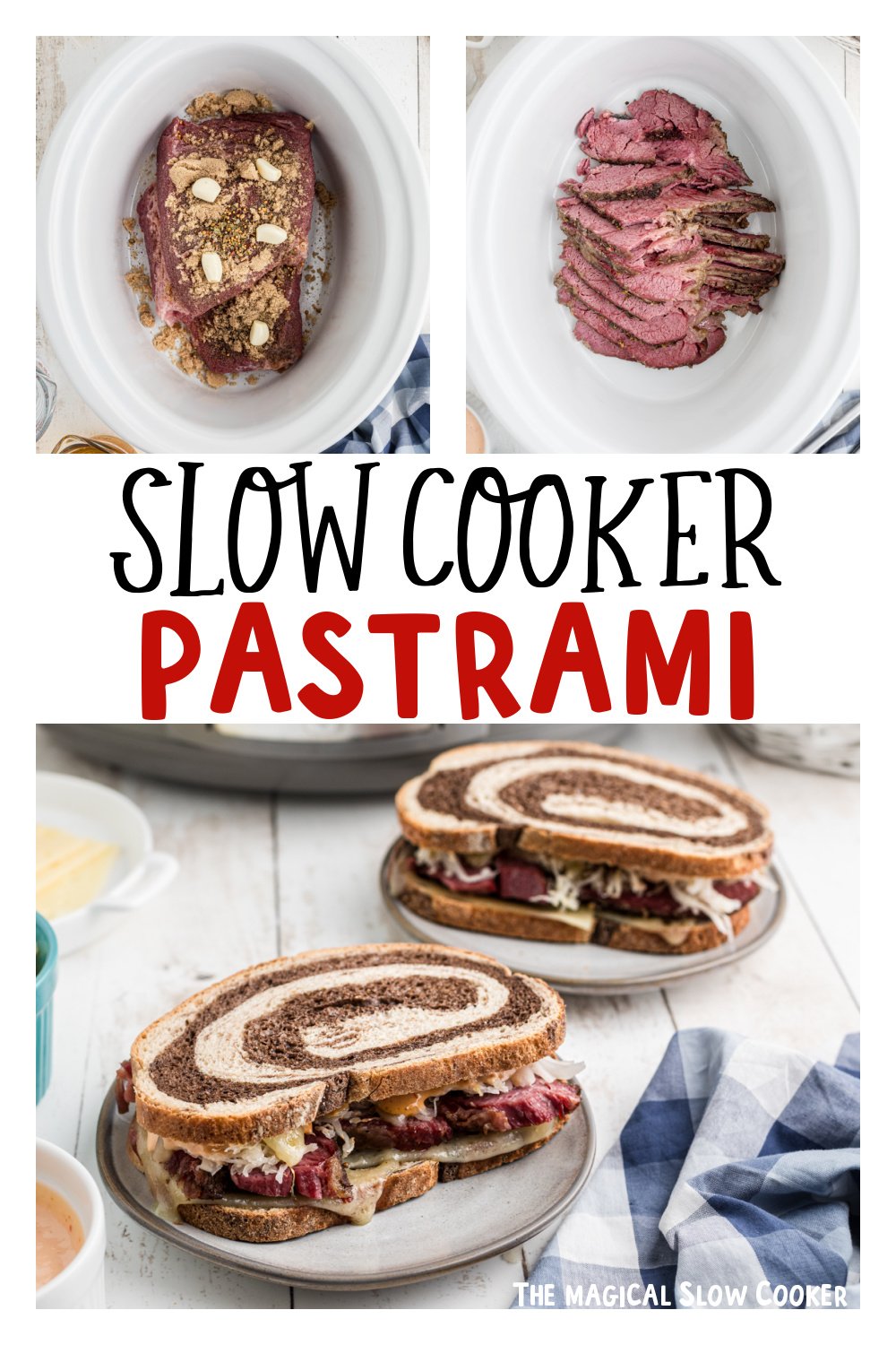 three images of slow cooker pastrami for pinterest.