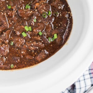 overhead of slow cooker teriyaki beef.