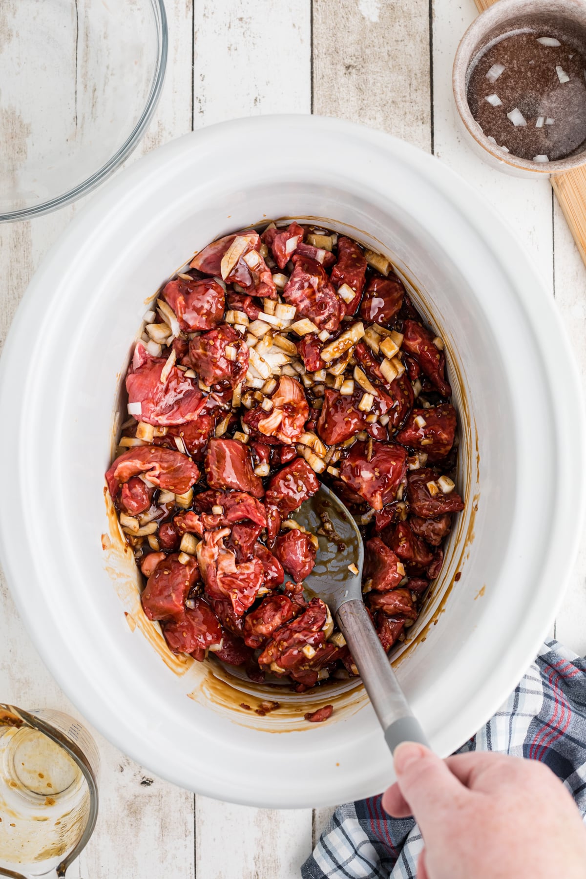 onions, teriyaki sauce and beef.