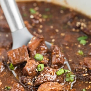 scooping teriyaki beef out of a crockpot.