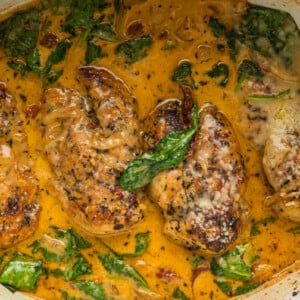 overhead shot of slow cooker tuscan chicken.