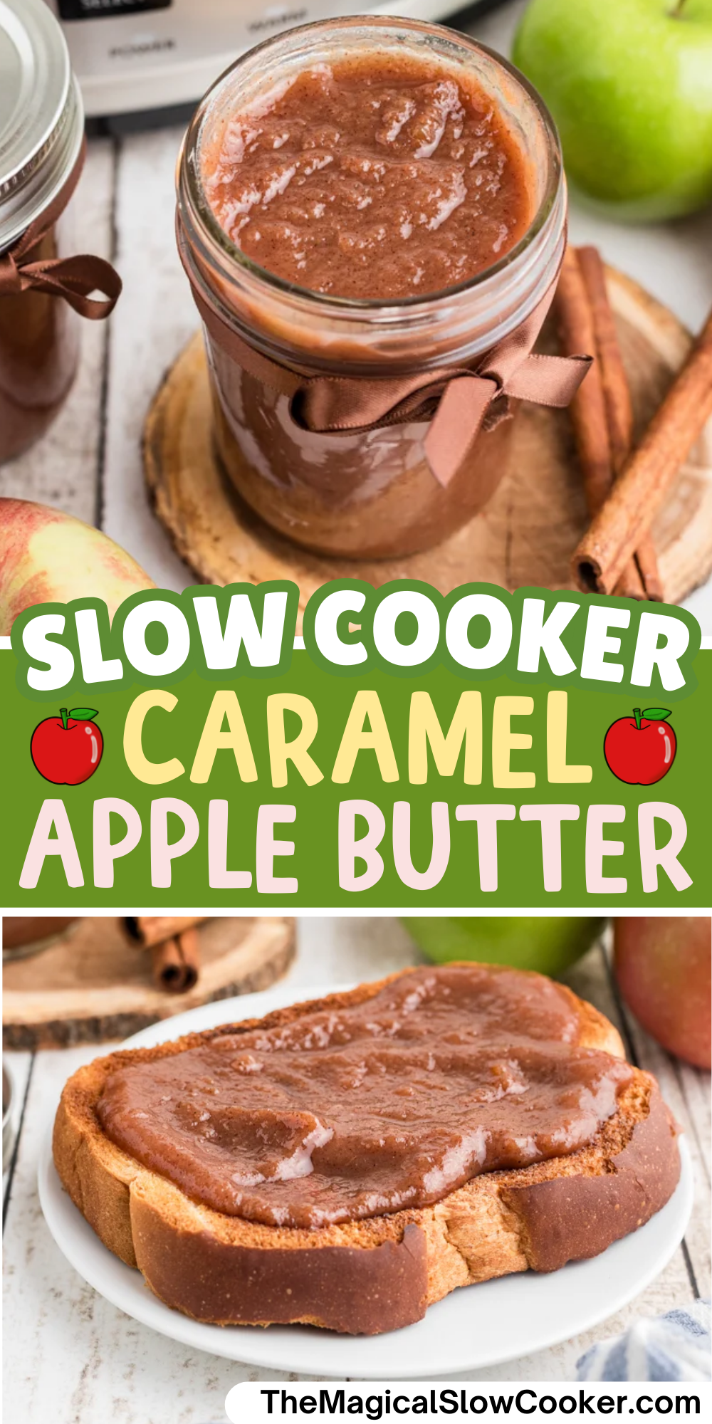Caramel apple butter photos with text overlay for pinterest.