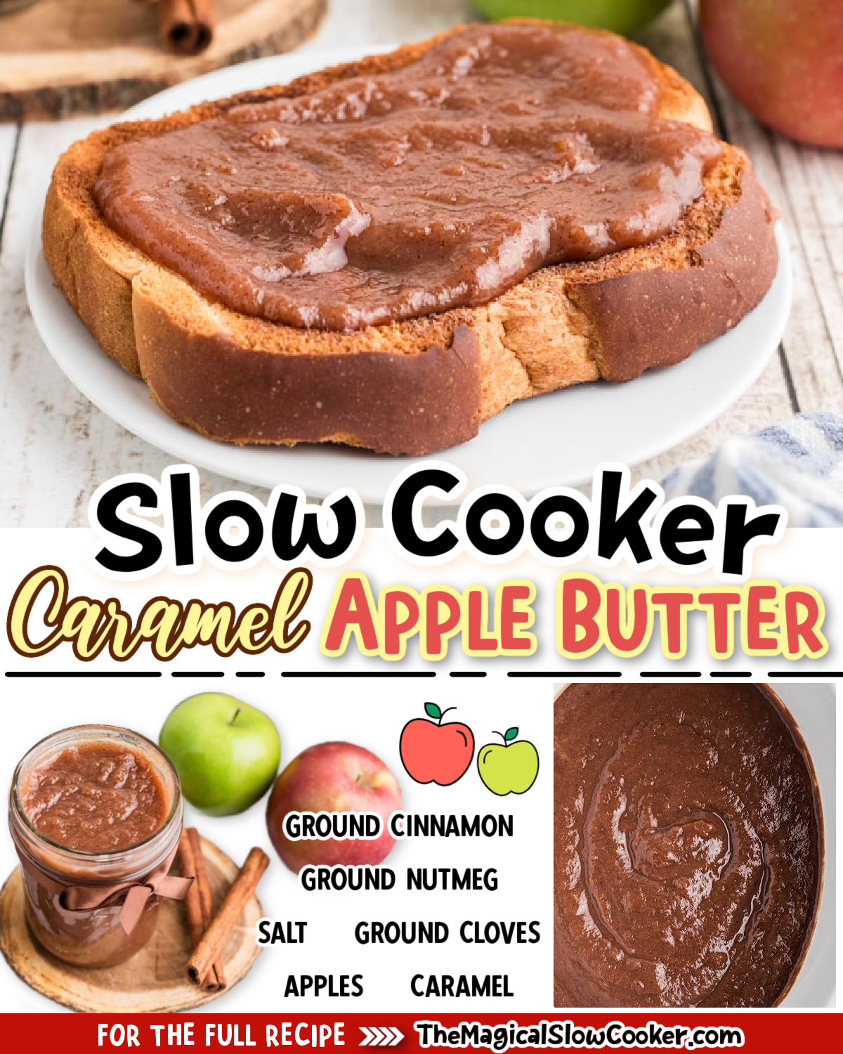 Carmel apple butter photos with text of what the ingredients are for facebook.