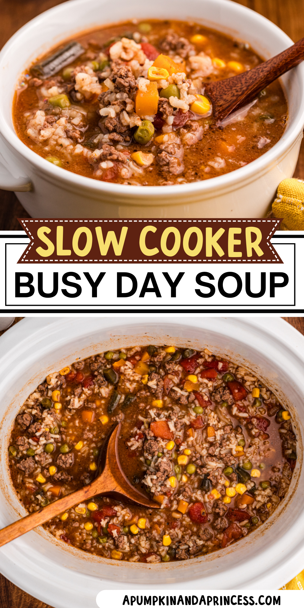 Busy day soup photos with text overlay for pinterest.