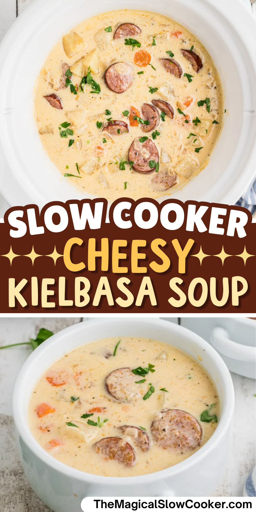 Cheesy Kielbasa Soup photos with text overlay for pinterest.