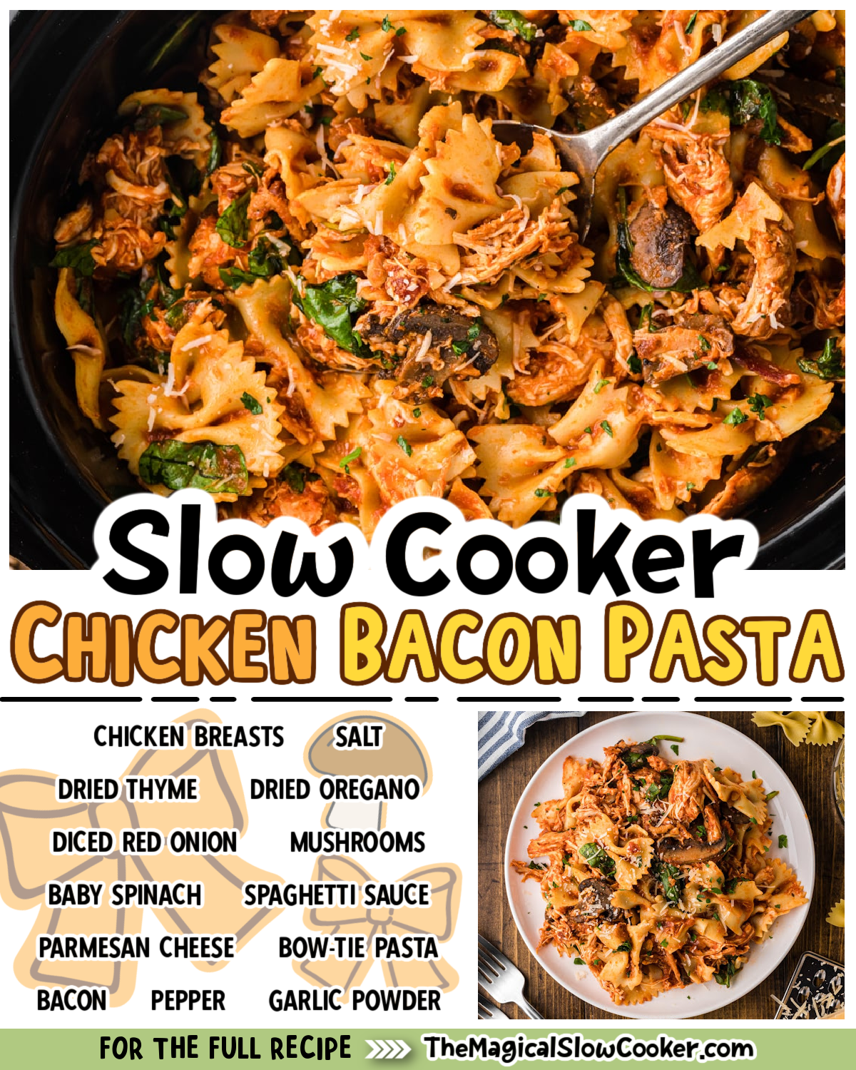 Chicken bacon pasta photos with text of what the ingredients are for facebook.