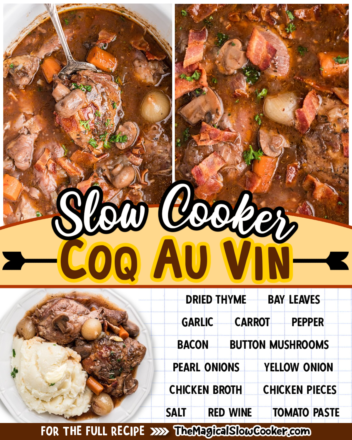 Coq au vin photos with text of what the ingredients are for facebook.