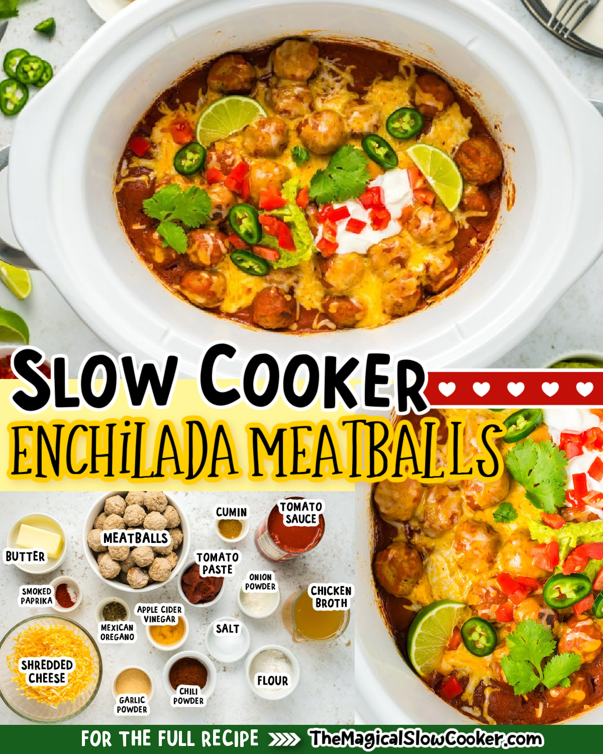 Enchilada Meatballs photos with text of what the ingredients are for facebook.