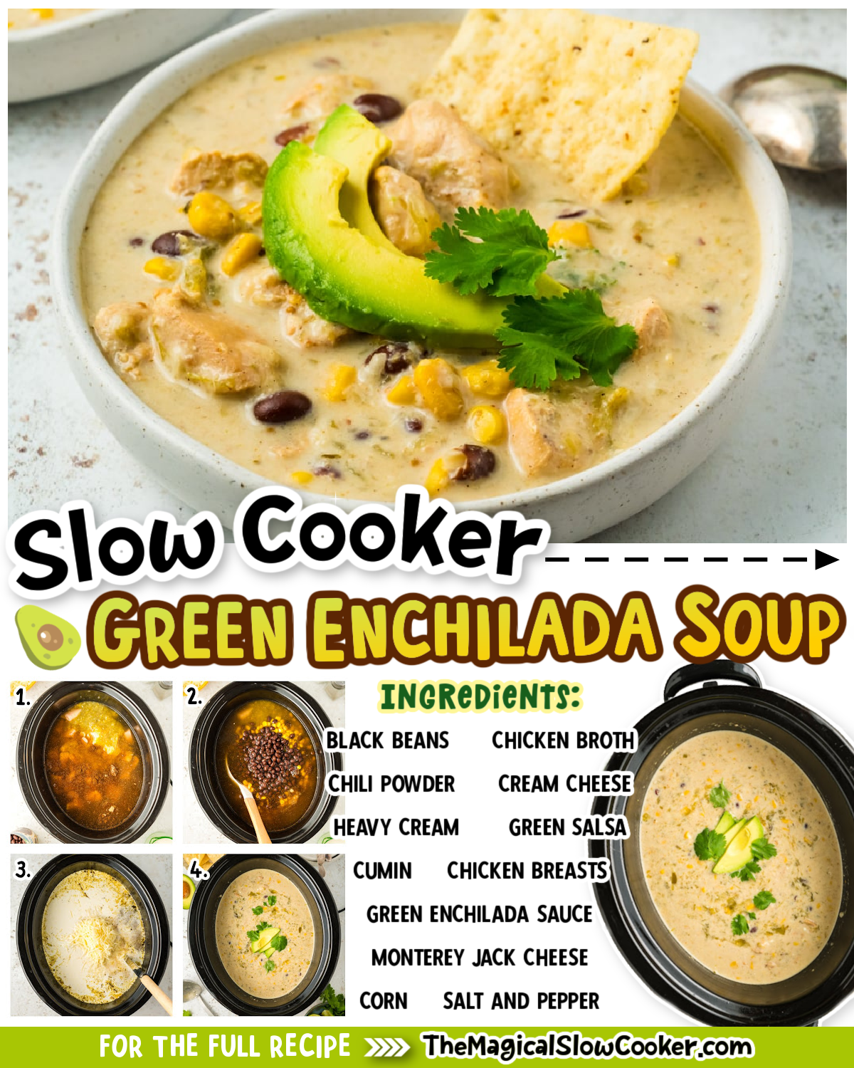 Green enchilada soup photos with text of what the ingredients are for facebook.
